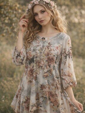 Vintage Cal Style Fairy Lace Beads Floral Dress Size Med Whimsigoth Boho Flowy